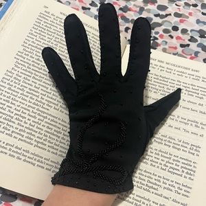 Vintage Double Woven Cotton Black Bow-Tie Beaded Designed Short Gloves